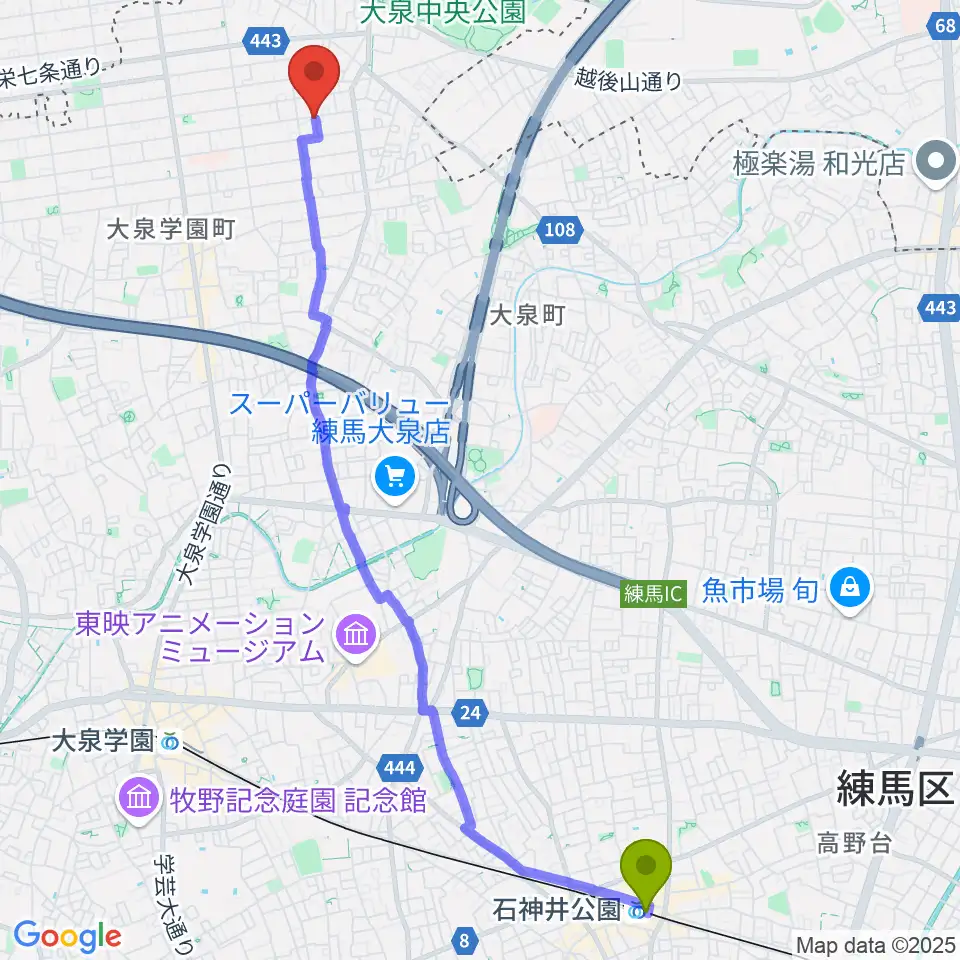 石神井公園駅から窪田豊ギター教室へのルートマップ地図