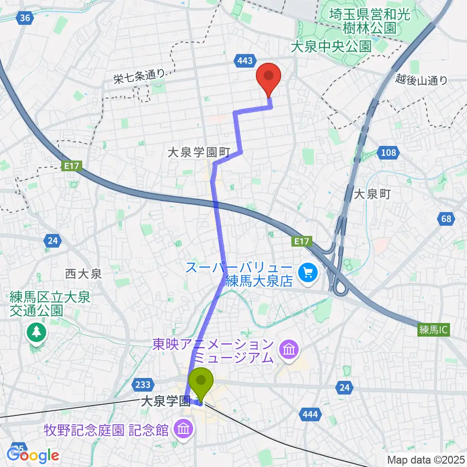 窪田豊ギター教室の最寄駅大泉学園駅からの徒歩ルート（約41分）地図