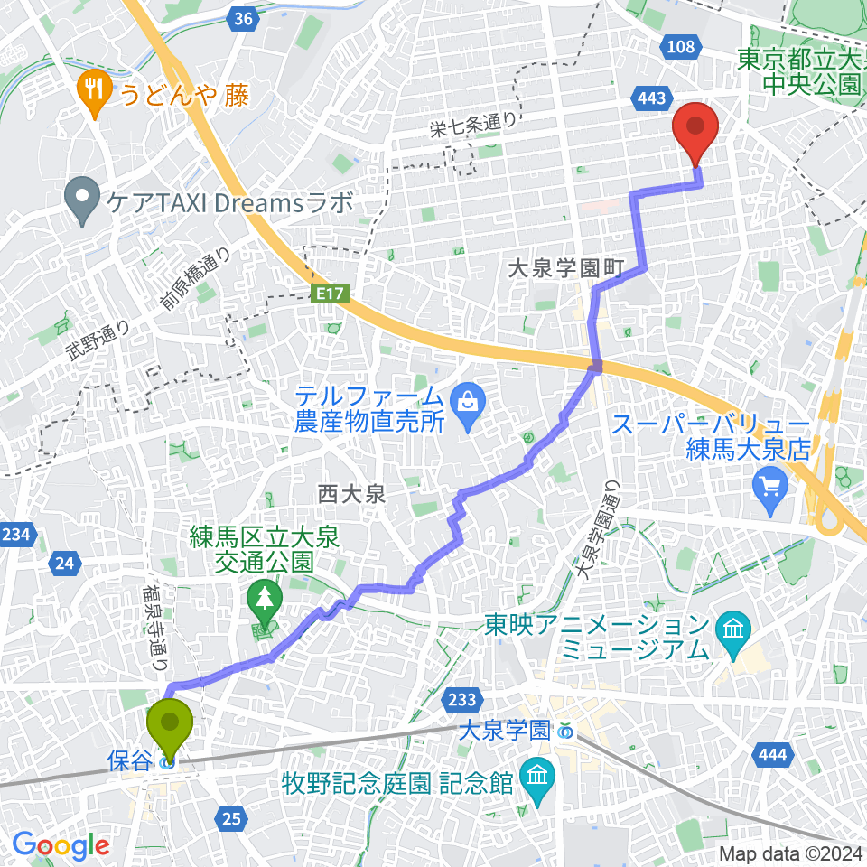 保谷駅から窪田 豊ギター教室へのルートマップ Mdata