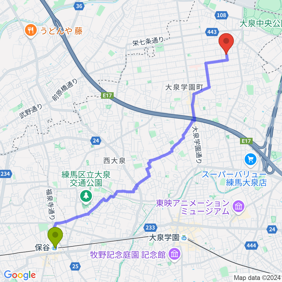 保谷駅から窪田 豊ギター教室へのルートマップ Mdata