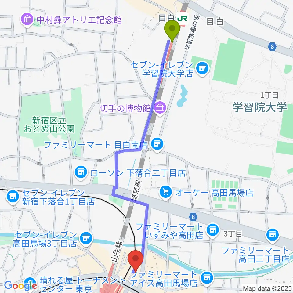 目白駅から高田馬場LiveCafe monoへのルートマップ地図