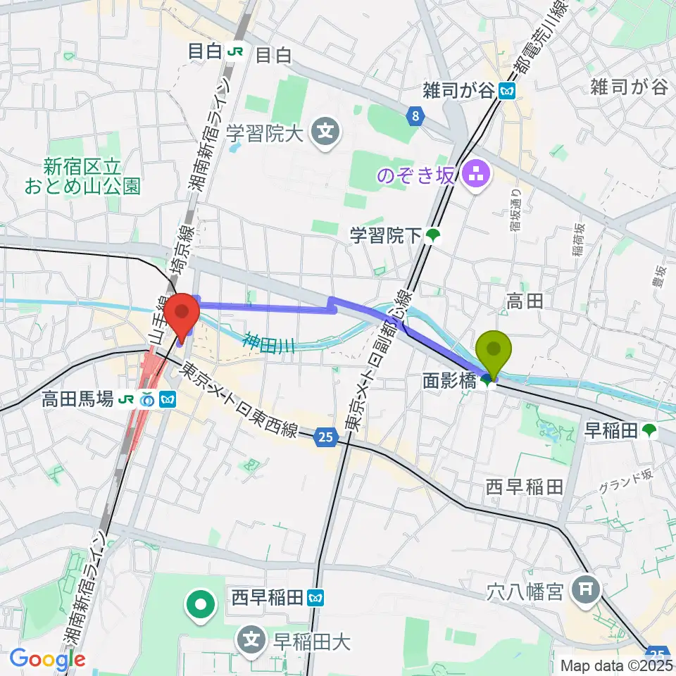 面影橋駅から高田馬場LiveCafe monoへのルートマップ地図