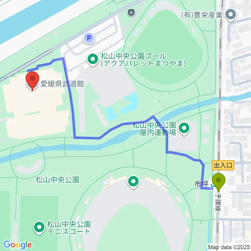 愛媛県武道館の最寄駅市坪駅からの徒歩ルート（約7分）地図