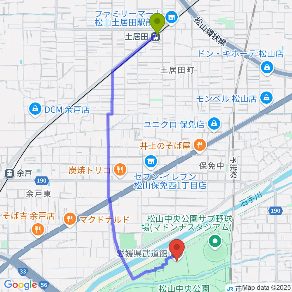 土居田駅から愛媛県武道館へのルートマップ地図