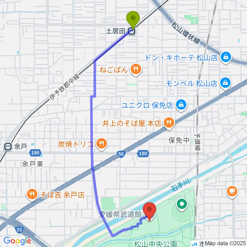 土居田駅から愛媛県武道館へのルートマップ地図