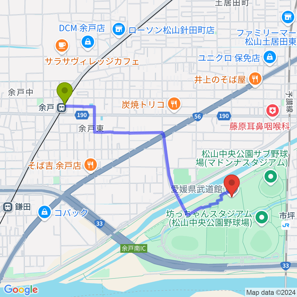 余戸駅から愛媛県武道館へのルートマップ地図