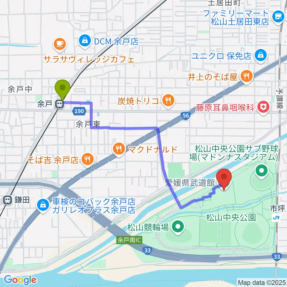 余戸駅から愛媛県武道館へのルートマップ地図