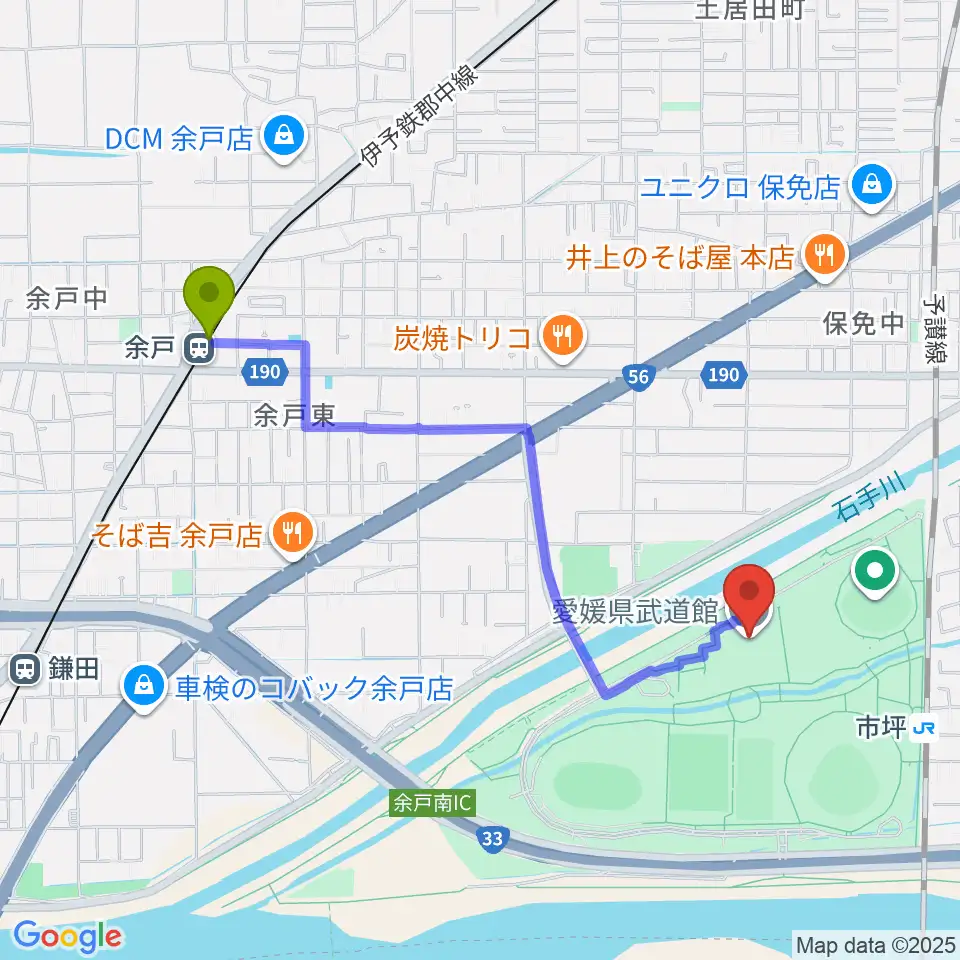 余戸駅から愛媛県武道館へのルートマップ地図