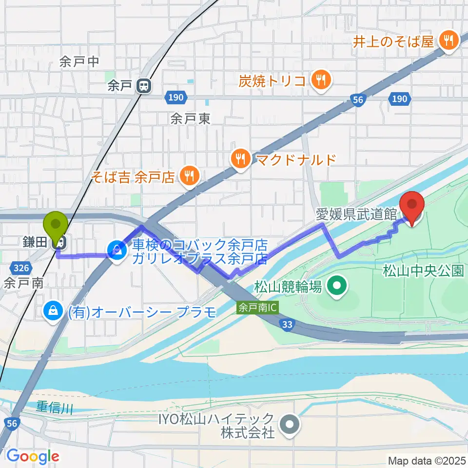 鎌田駅から愛媛県武道館へのルートマップ地図