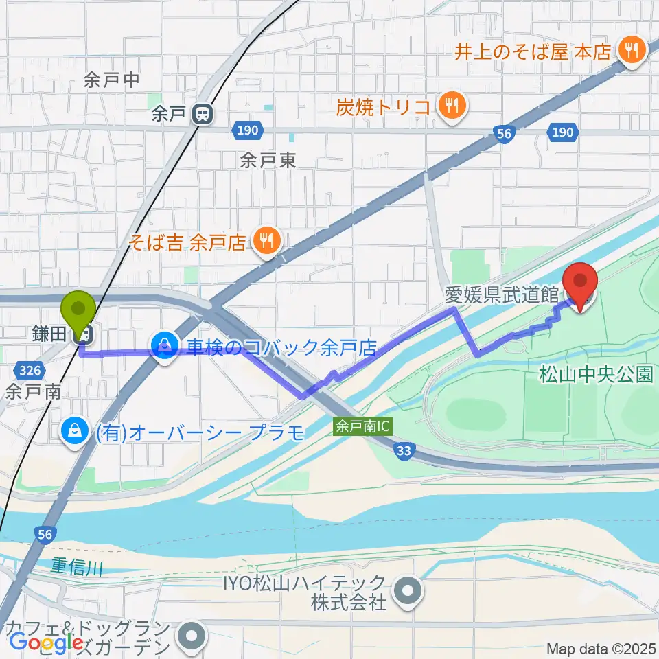 鎌田駅から愛媛県武道館へのルートマップ地図