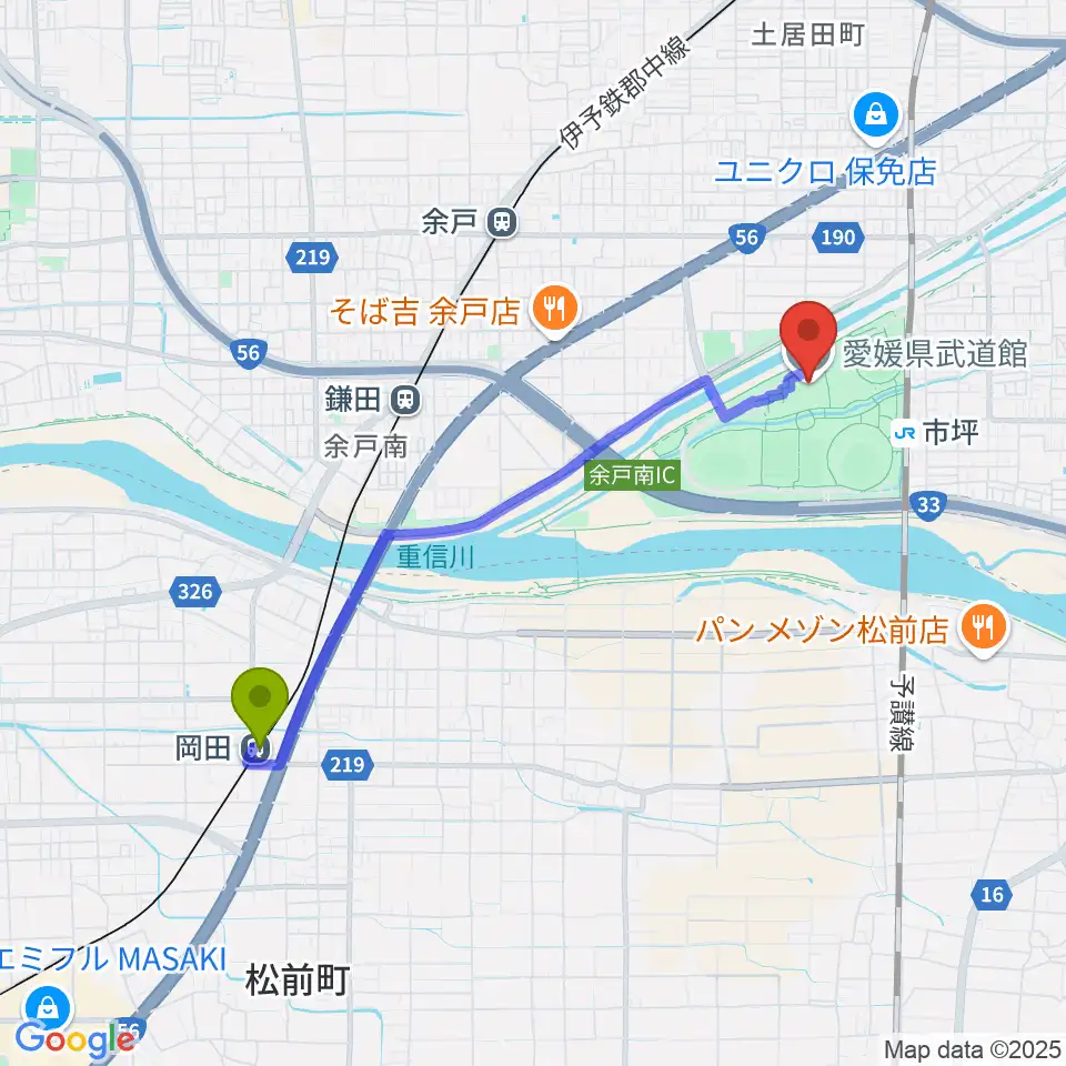 岡田駅から愛媛県武道館へのルートマップ地図