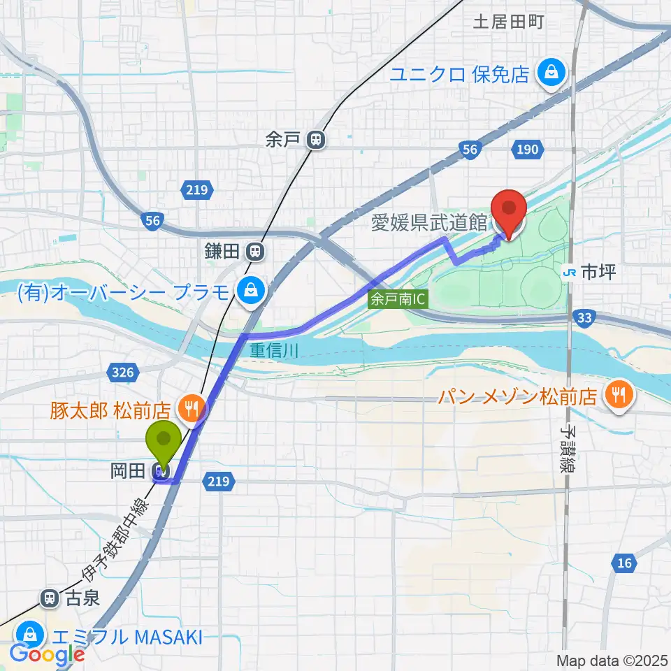 岡田駅から愛媛県武道館へのルートマップ地図