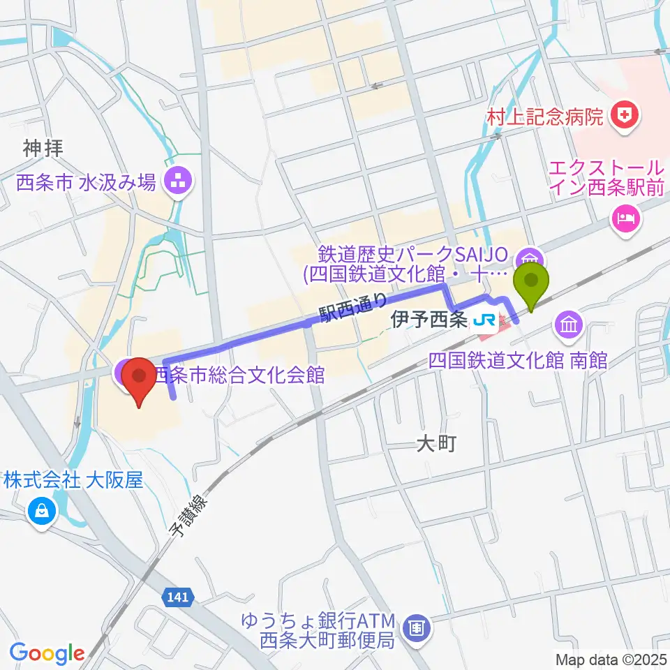 西条市総合文化会館の最寄駅伊予西条駅からの徒歩ルート（約10分）地図