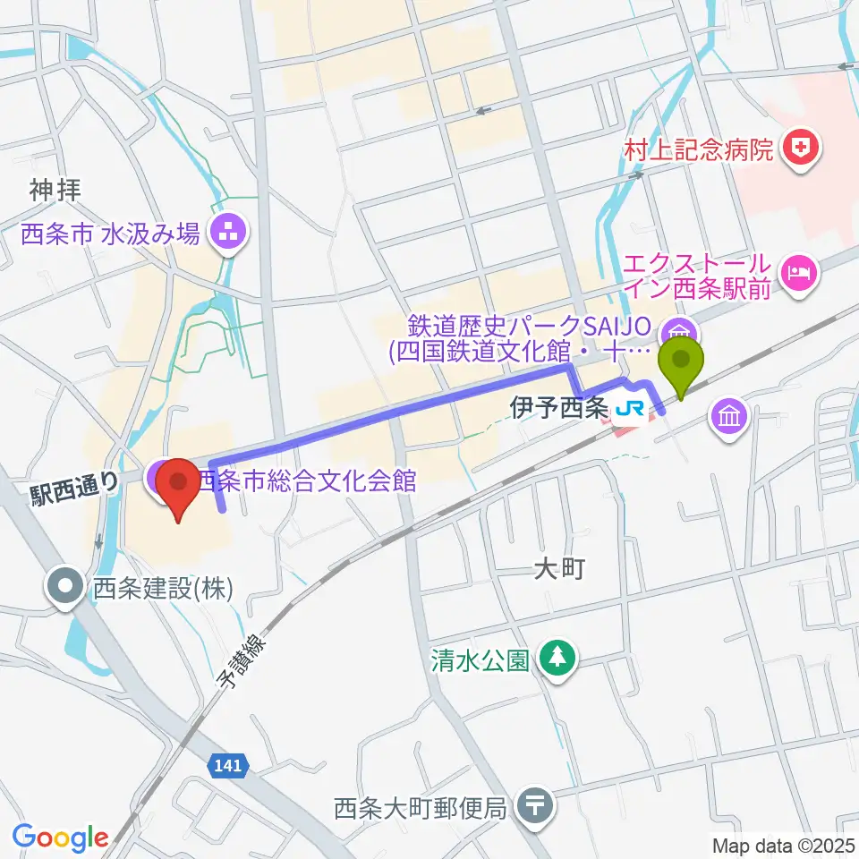 西条市総合文化会館の最寄駅伊予西条駅からの徒歩ルート（約10分）地図