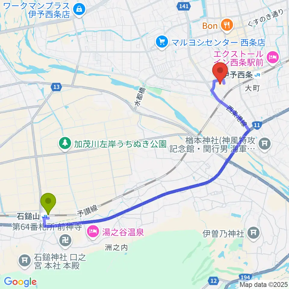 石鎚山駅から西条市総合文化会館へのルートマップ地図