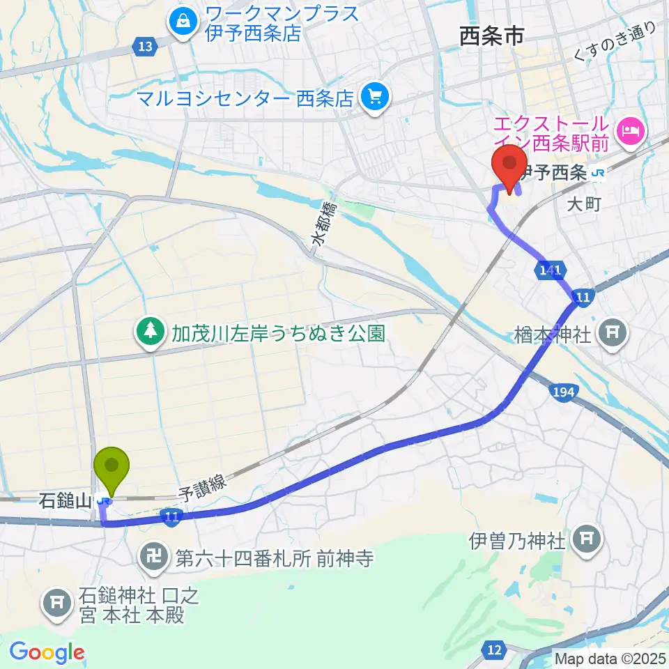 石鎚山駅から西条市総合文化会館へのルートマップ地図