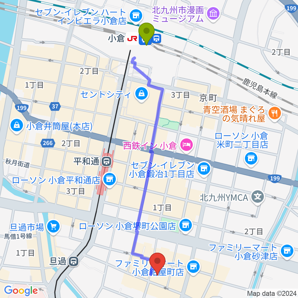 小倉駅から小倉UN kokuraへのルートマップ地図