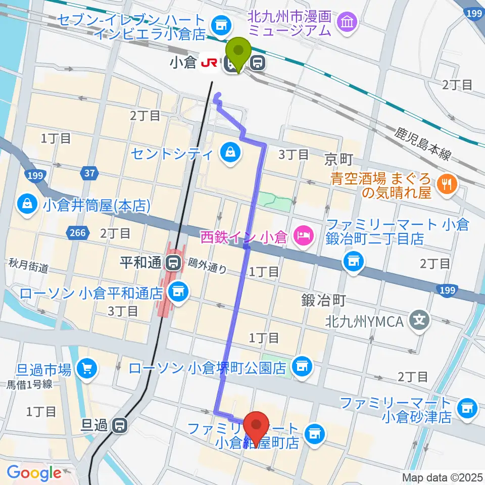 小倉駅から小倉UN kokuraへのルートマップ地図