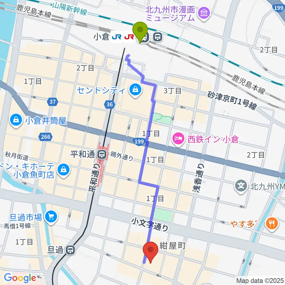 小倉駅から小倉UN kokuraへのルートマップ地図