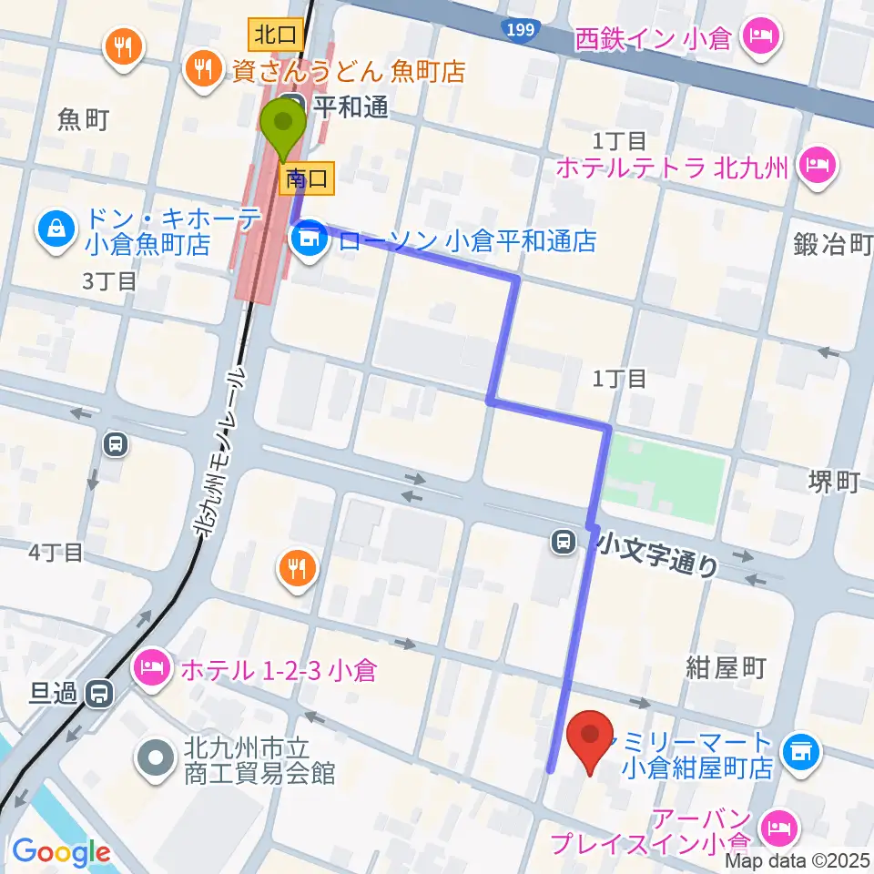 平和通駅から小倉UN kokuraへのルートマップ地図