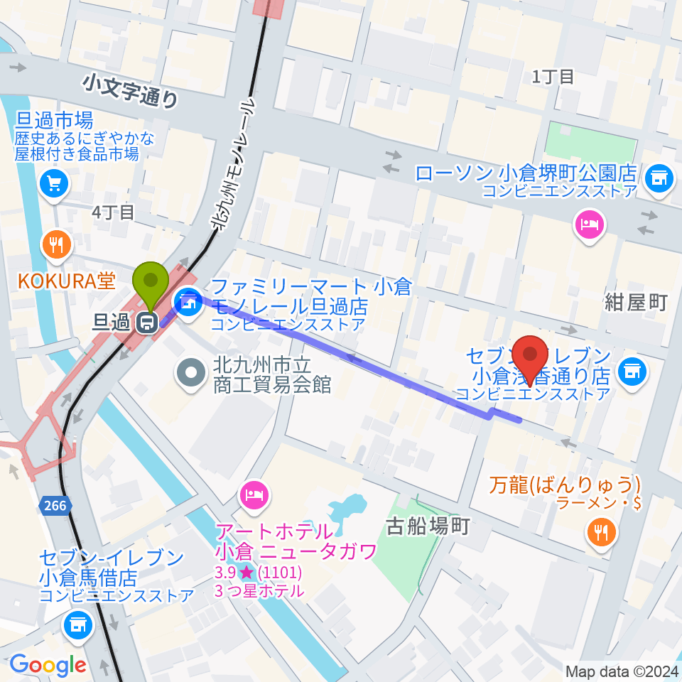 小倉UN kokuraの最寄駅旦過駅からの徒歩ルート（約4分）地図