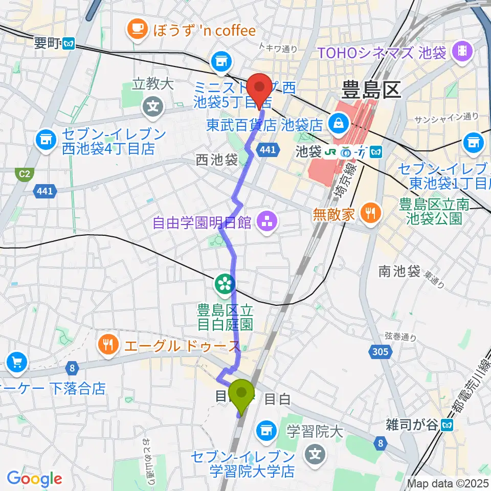 目白駅からBASS ON TOP 池袋西口店へのルートマップ地図