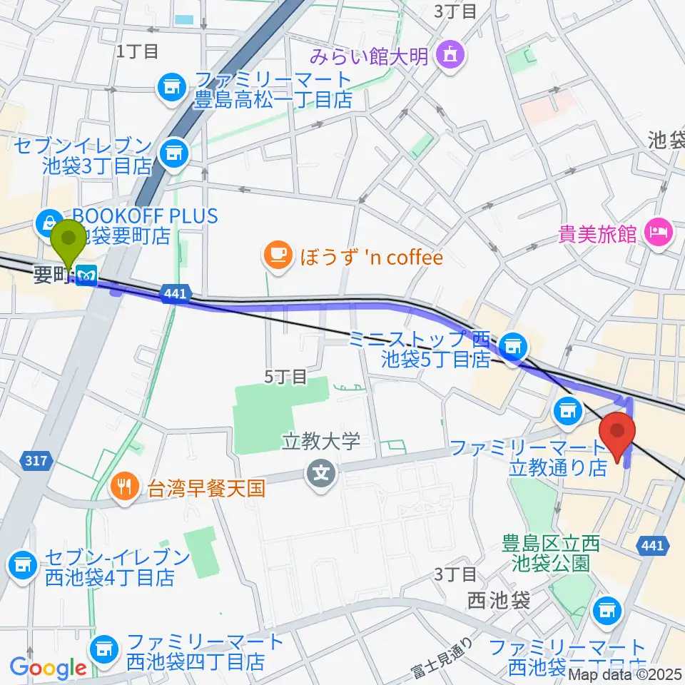 要町駅からBASS ON TOP 池袋西口店へのルートマップ地図