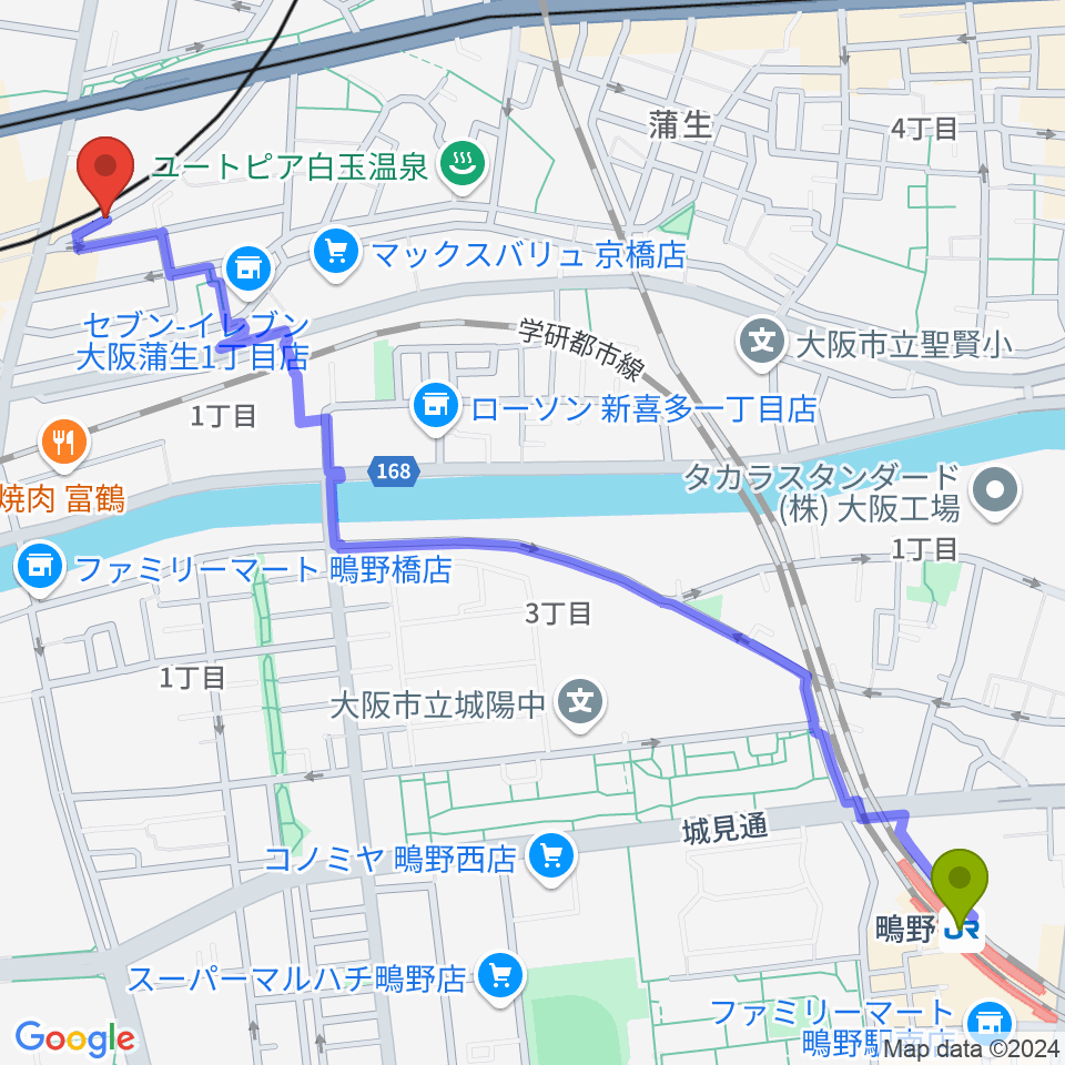 鴫野駅からベースオントップ京橋店へのルートマップ地図