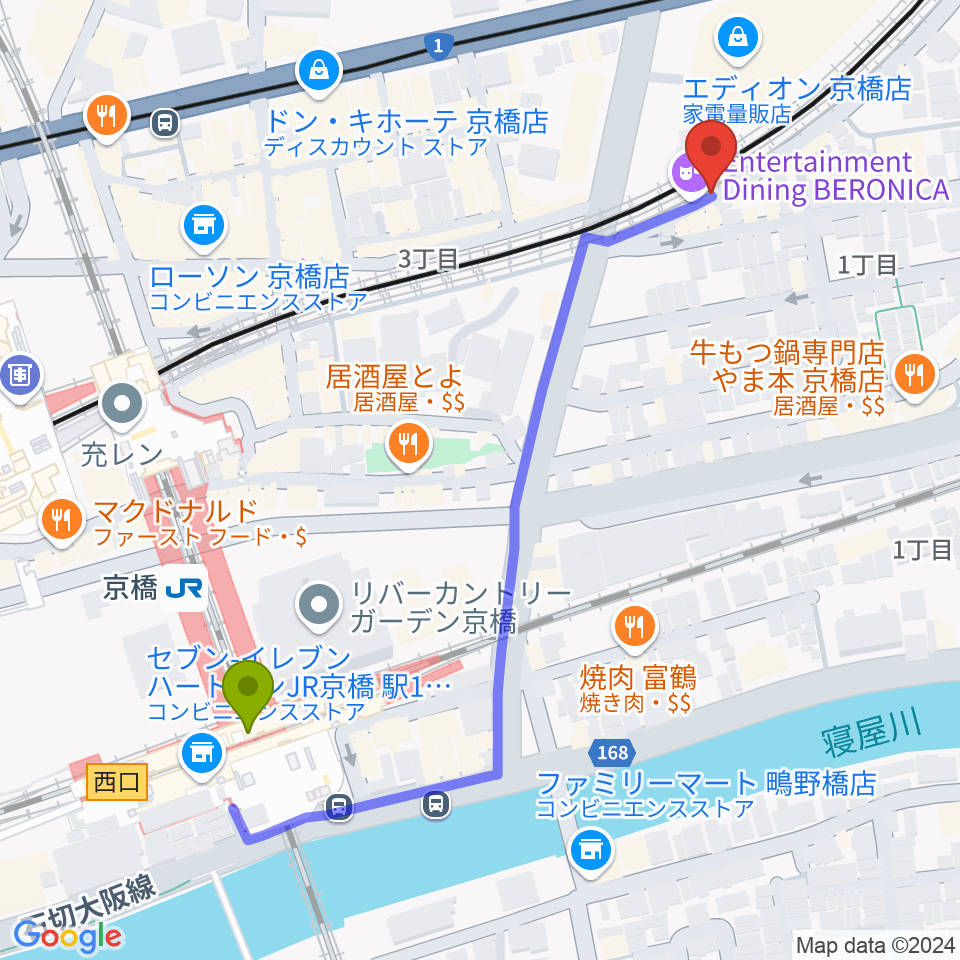 ベースオントップ京橋店の最寄駅京橋駅からの徒歩ルート（約6分）地図