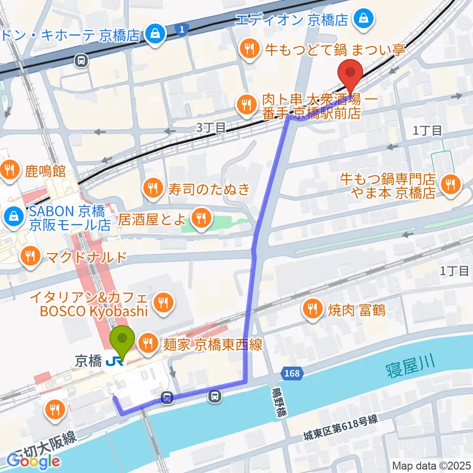 ベースオントップ京橋店の最寄駅京橋駅からの徒歩ルート（約6分）地図