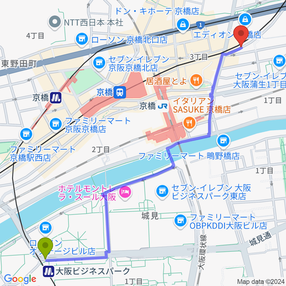 大阪ビジネスパーク駅からベースオントップ京橋店へのルートマップ地図