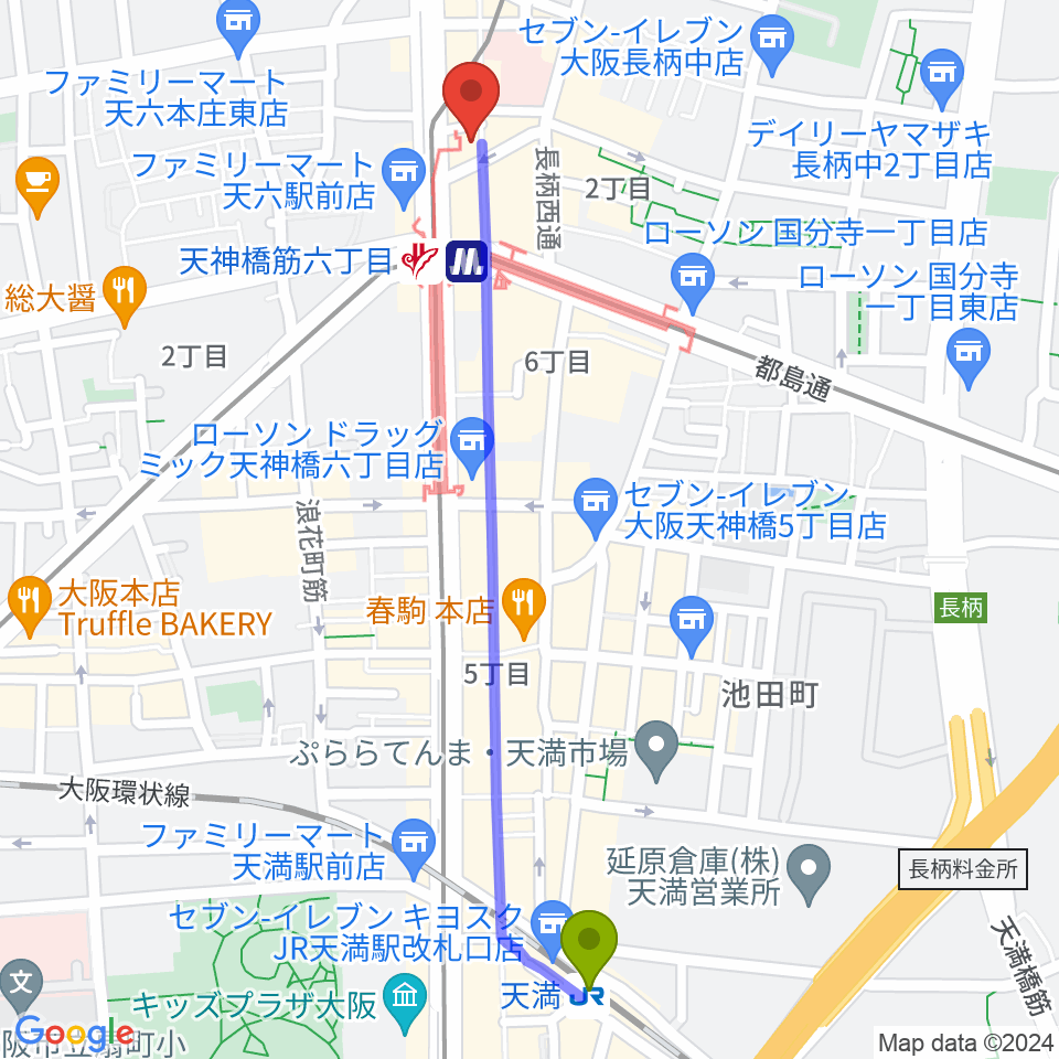 天満駅からベースオントップ天六店へのルートマップ地図