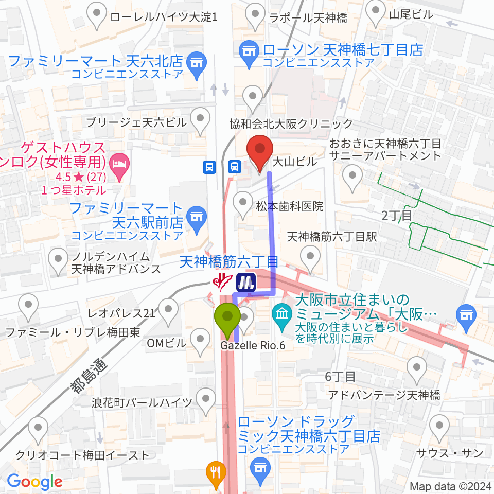 ベースオントップ天六店の最寄駅天神橋筋六丁目駅からの徒歩ルート（約3分）地図