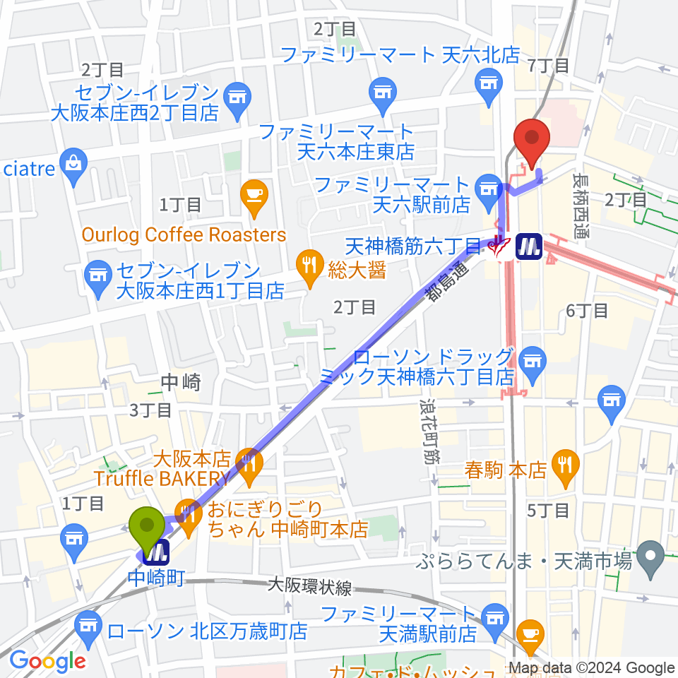 中崎町駅からベースオントップ天六店へのルートマップ地図