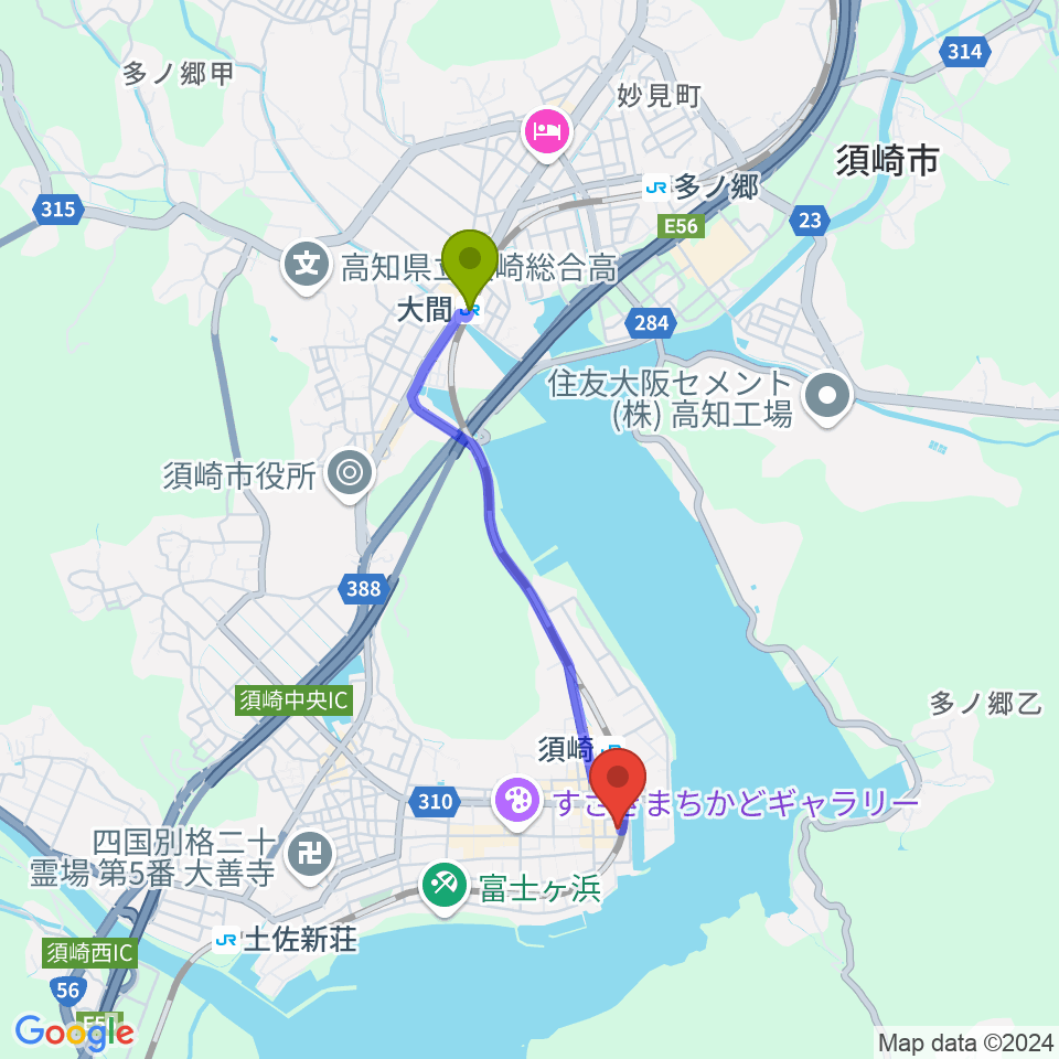 大間駅から須崎市立市民文化会館へのルートマップ地図