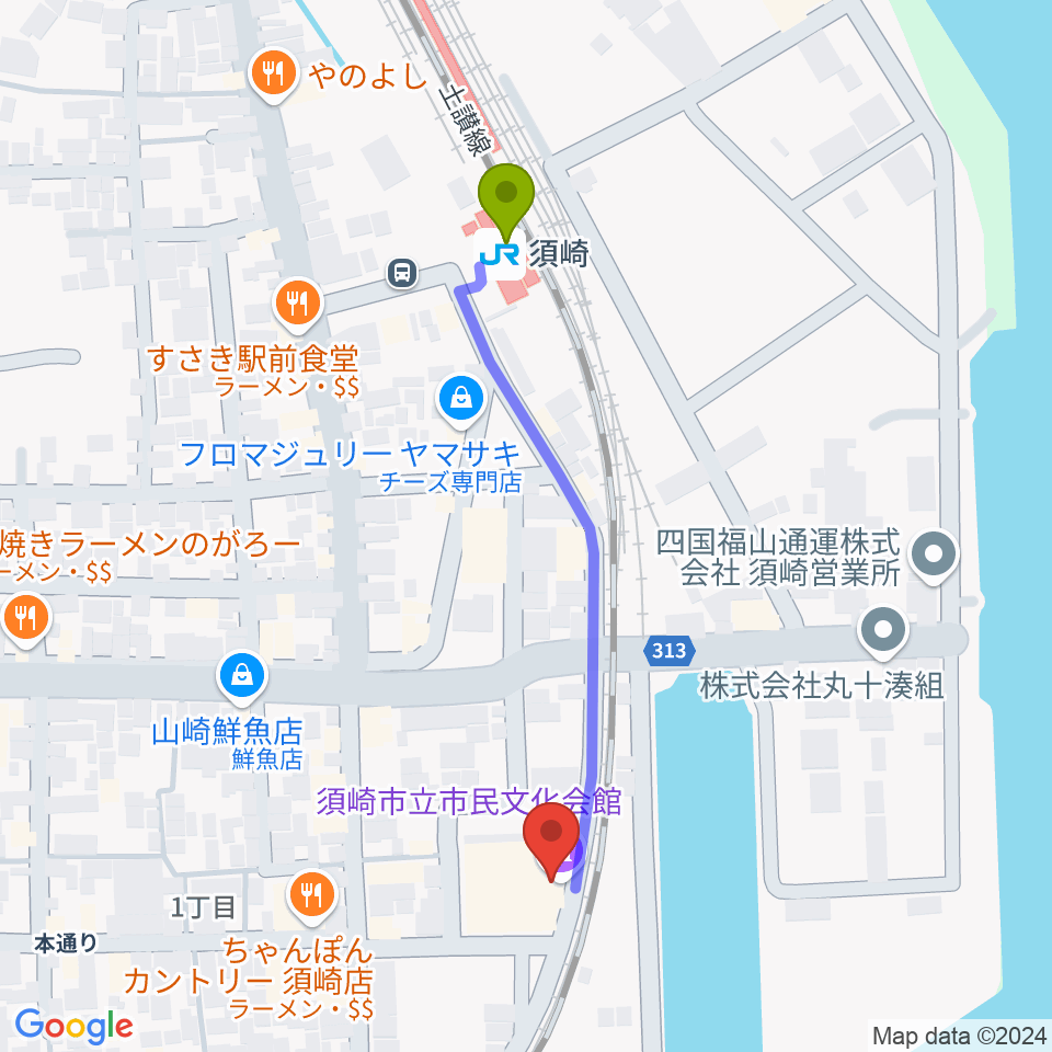 須崎市立市民文化会館の最寄駅須崎駅からの徒歩ルート（約5分）地図