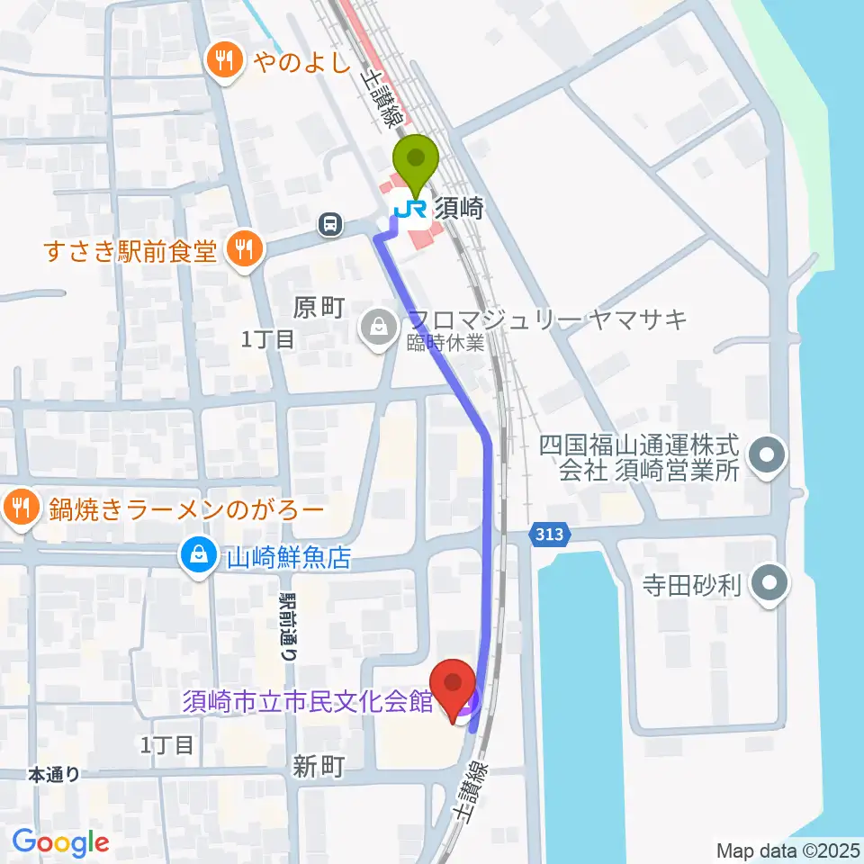須崎市立市民文化会館の最寄駅須崎駅からの徒歩ルート（約5分）地図