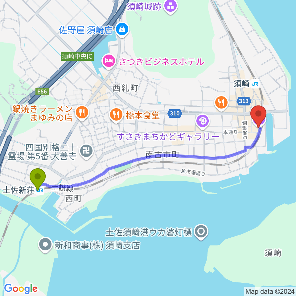 土佐新荘駅から須崎市立市民文化会館へのルートマップ地図