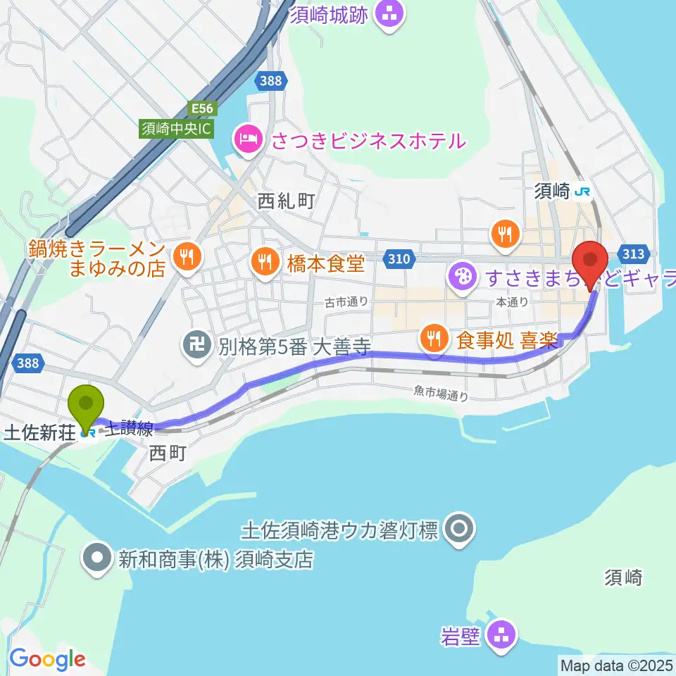 土佐新荘駅から須崎市立市民文化会館へのルートマップ地図