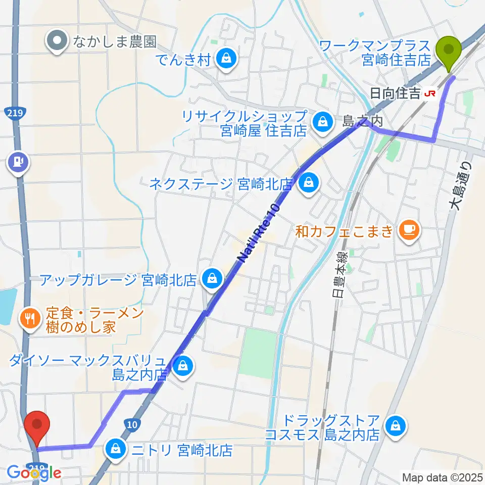 日向住吉駅からTOYOSHIMA MUSIC SCHOOLへのルートマップ地図