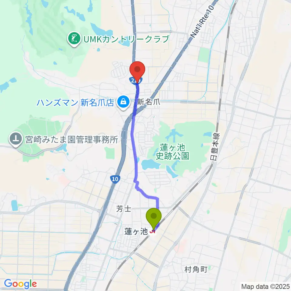 TOYOSHIMA MUSIC SCHOOLの最寄駅蓮ケ池駅からの徒歩ルート（約33分）地図