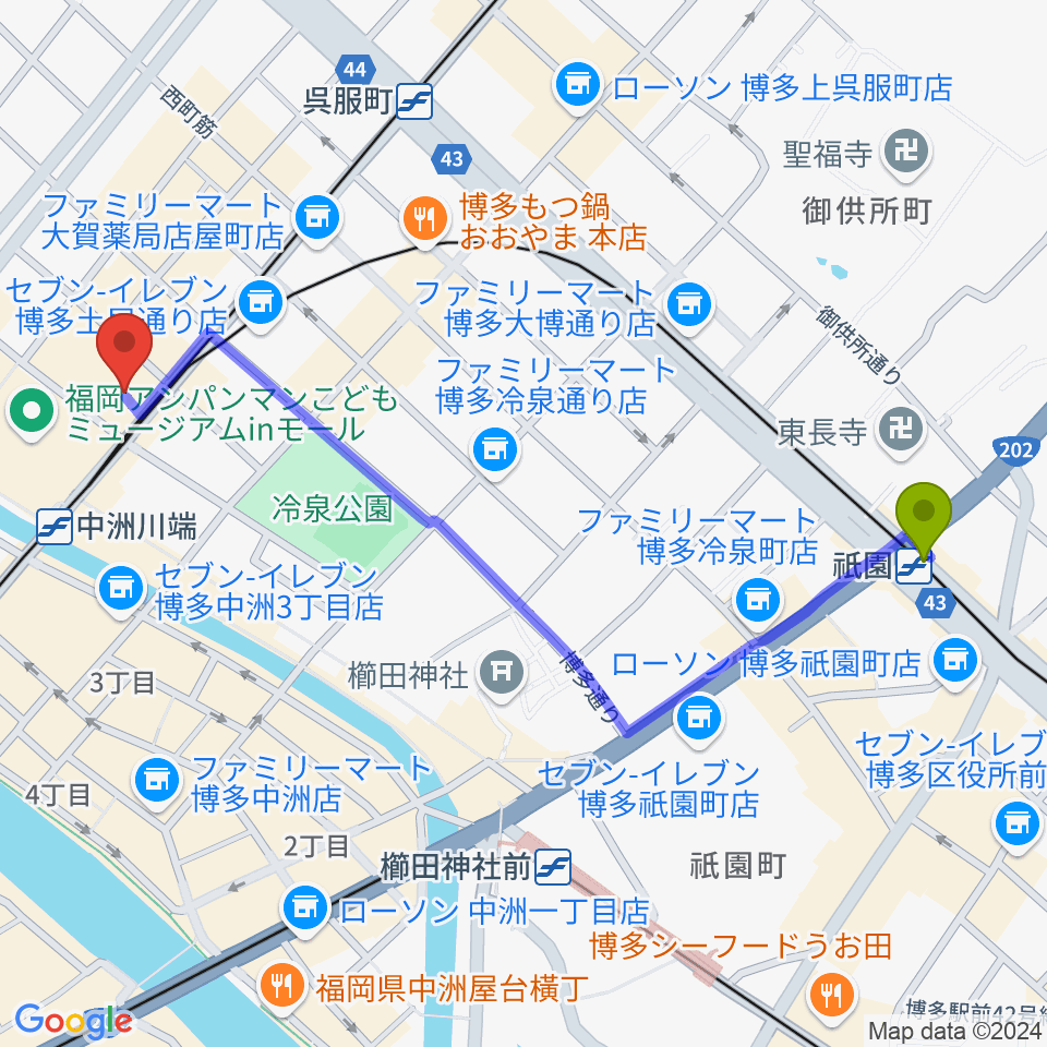 祇園駅から博多座へのルートマップ Mdata