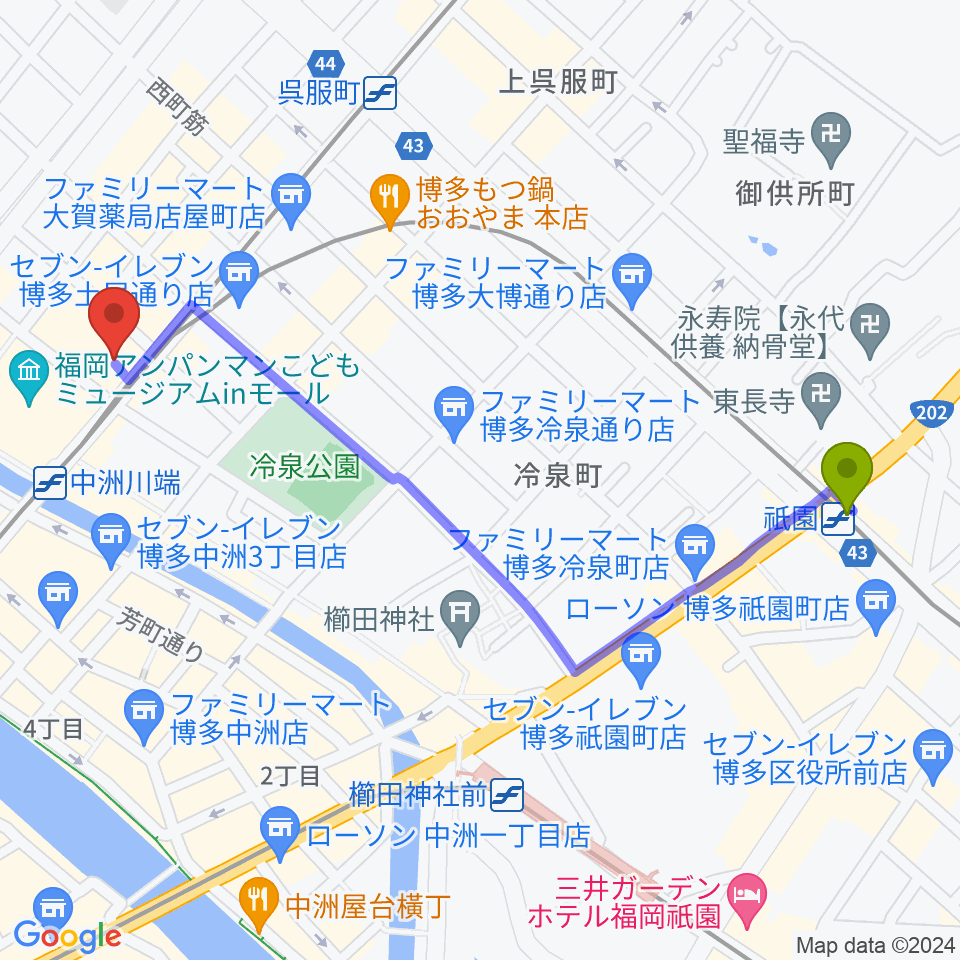 祇園駅から博多座へのルートマップ地図