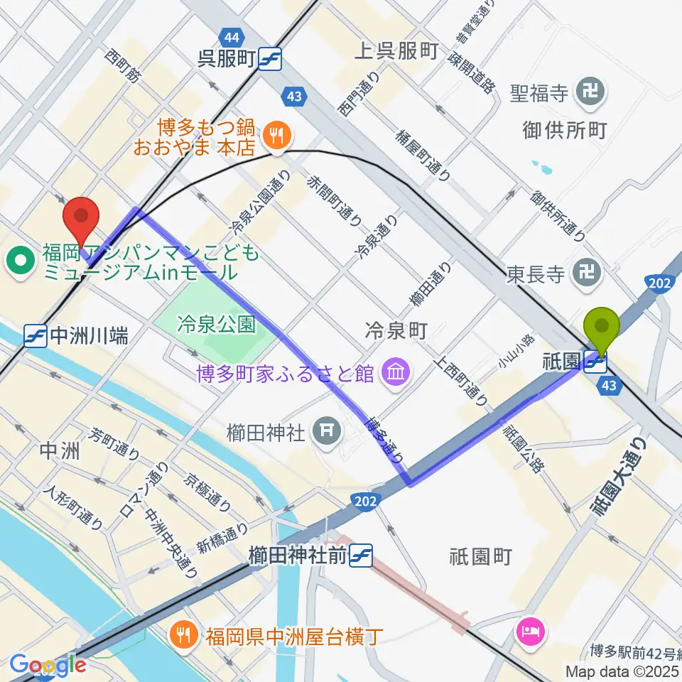 祇園駅から博多座へのルートマップ地図