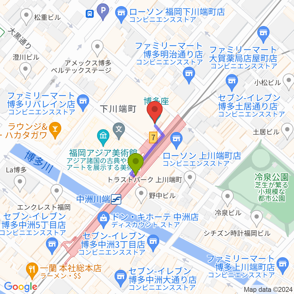 博多座の最寄駅中洲川端駅からの徒歩ルート（約2分）地図