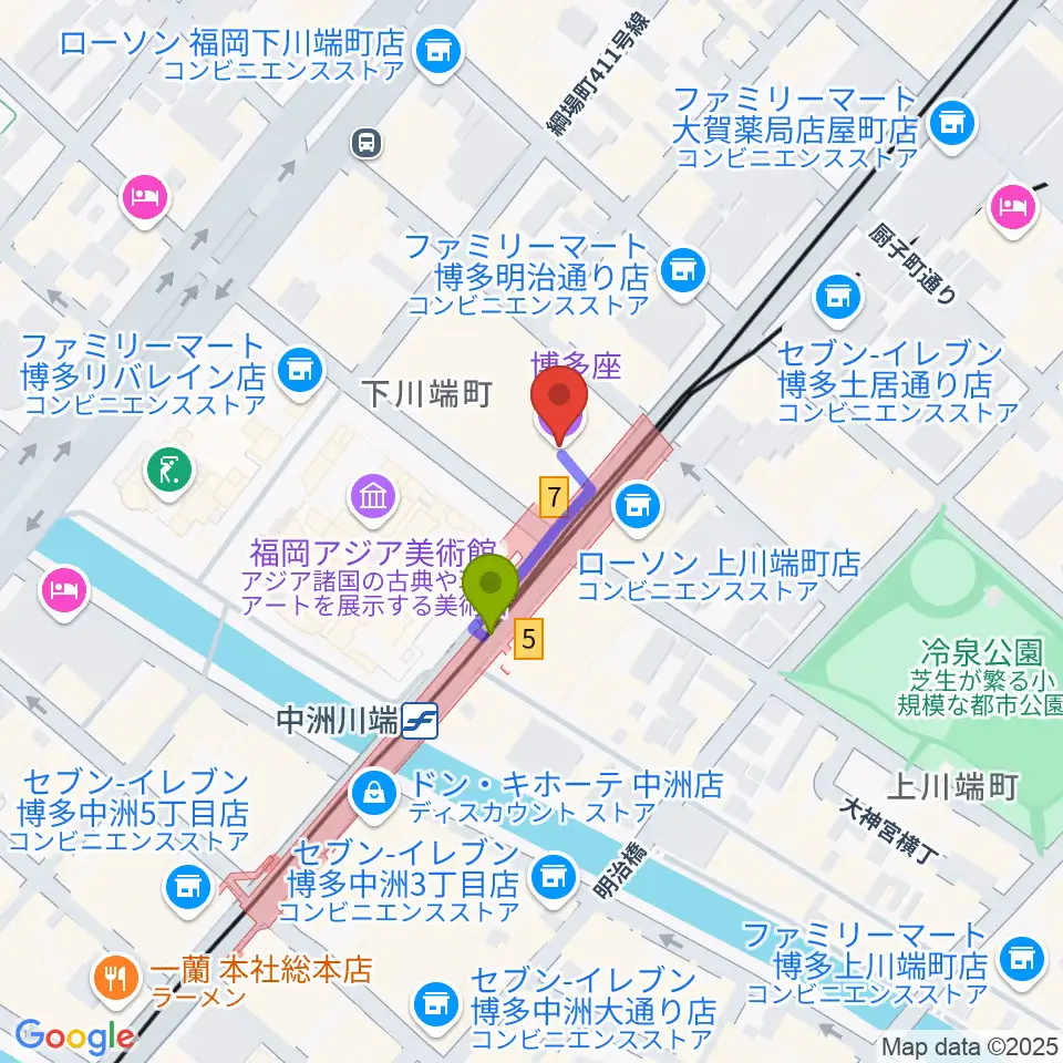 博多座の最寄駅中洲川端駅からの徒歩ルート（約2分）地図