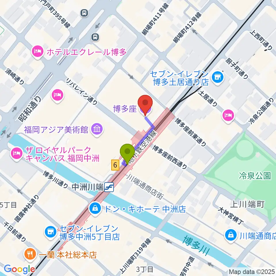 博多座の最寄駅中洲川端駅からの徒歩ルート（約2分）地図