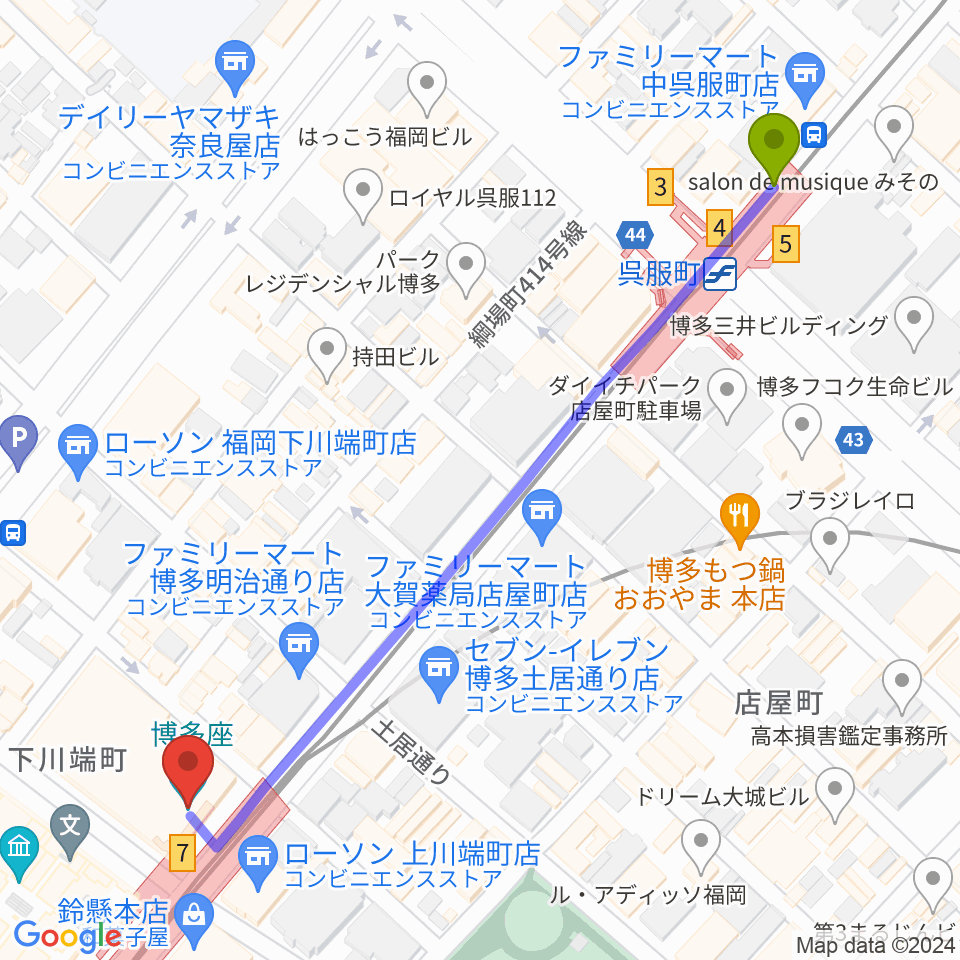 呉服町駅から博多座へのルートマップ地図