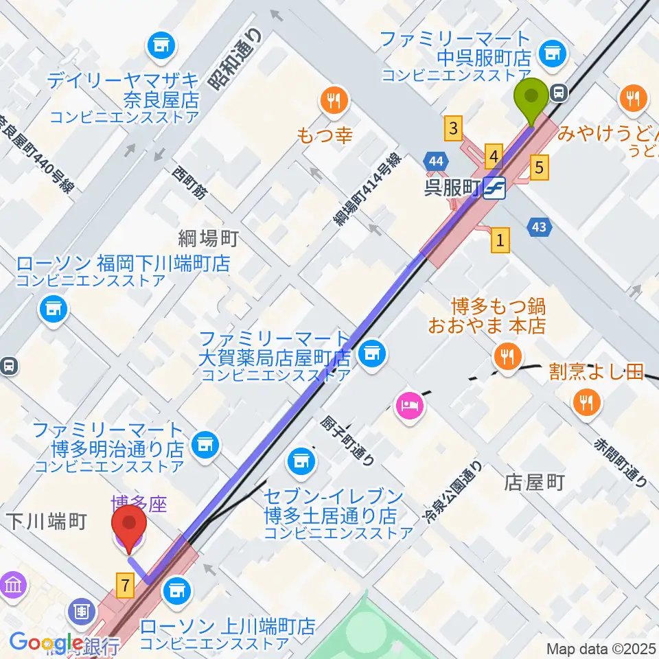 呉服町駅から博多座へのルートマップ地図