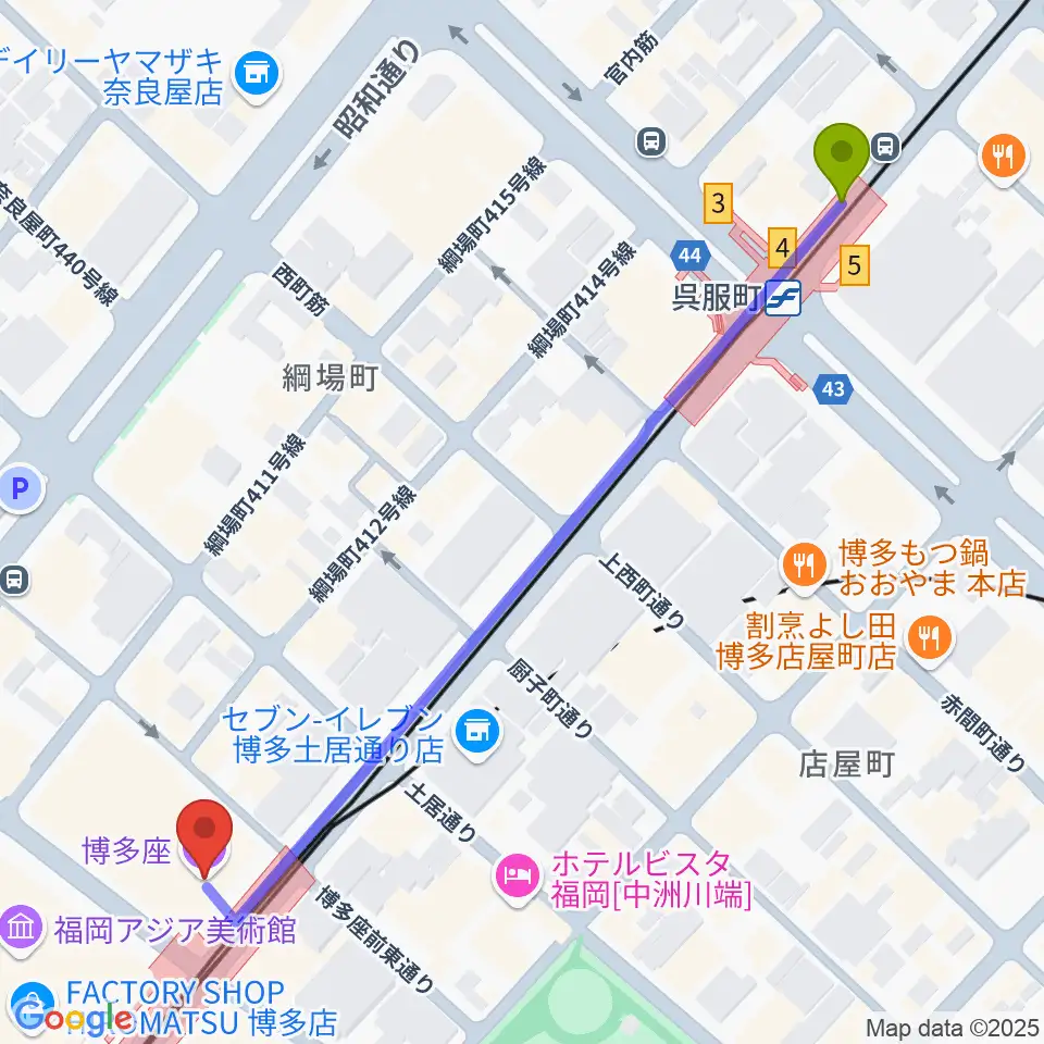呉服町駅から博多座へのルートマップ地図